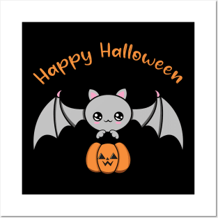 Happy Halloween Cute bat, Kawaii bat with pumpkin Posters and Art